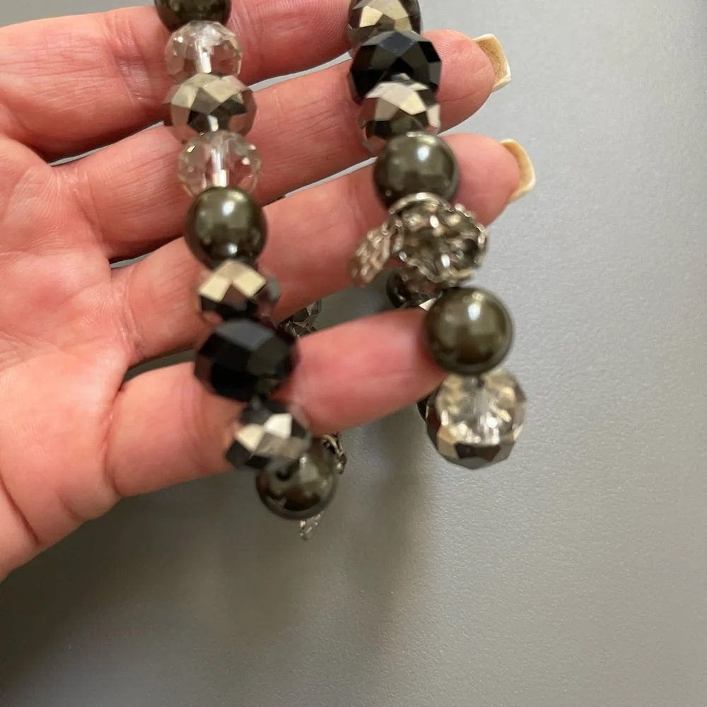 2 Beaded Stacking Bracelets with Black, Silver, Hematite, Rhinestone